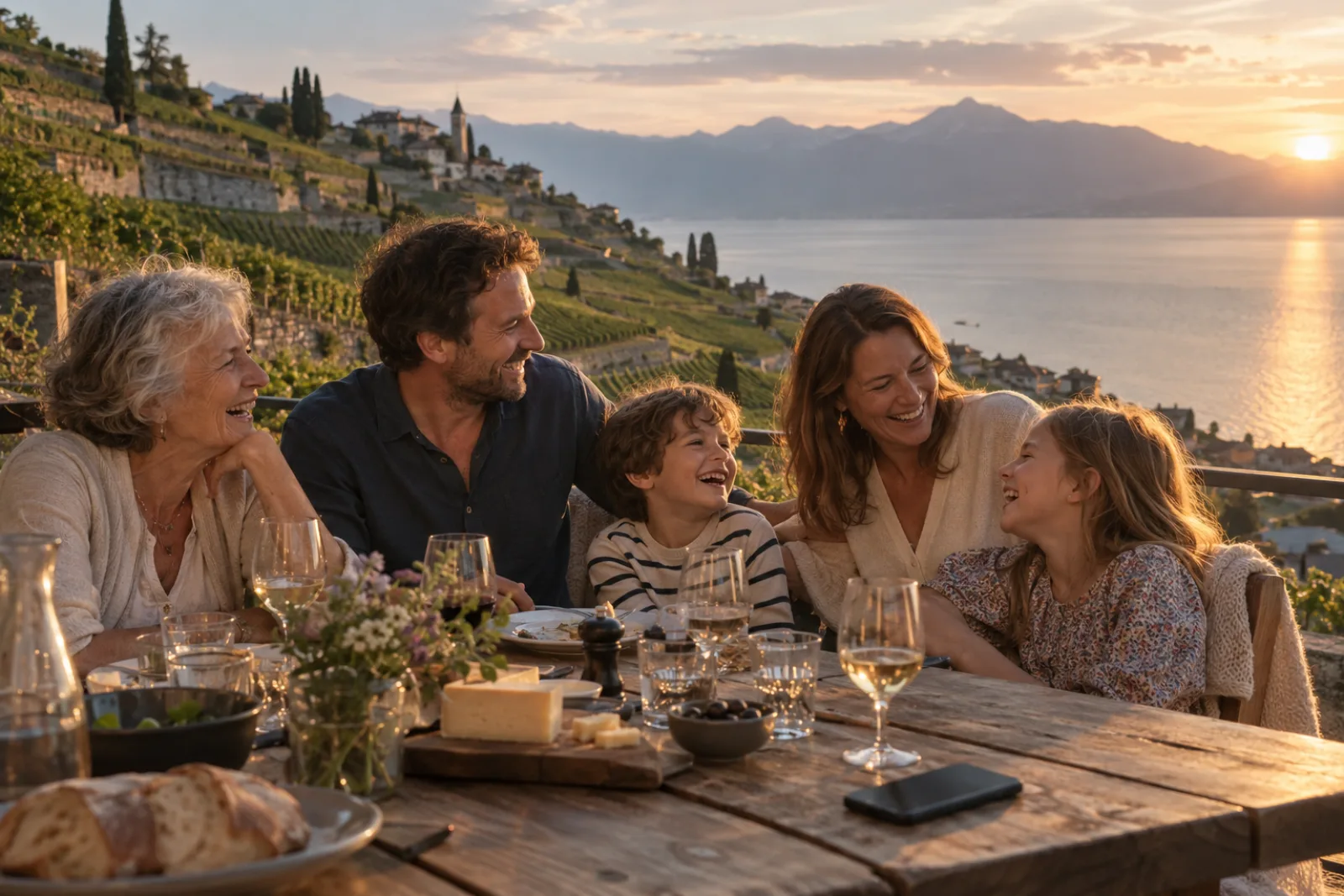 Trois générations d'une famille attablées sur une terrasse au-dessus du Léman