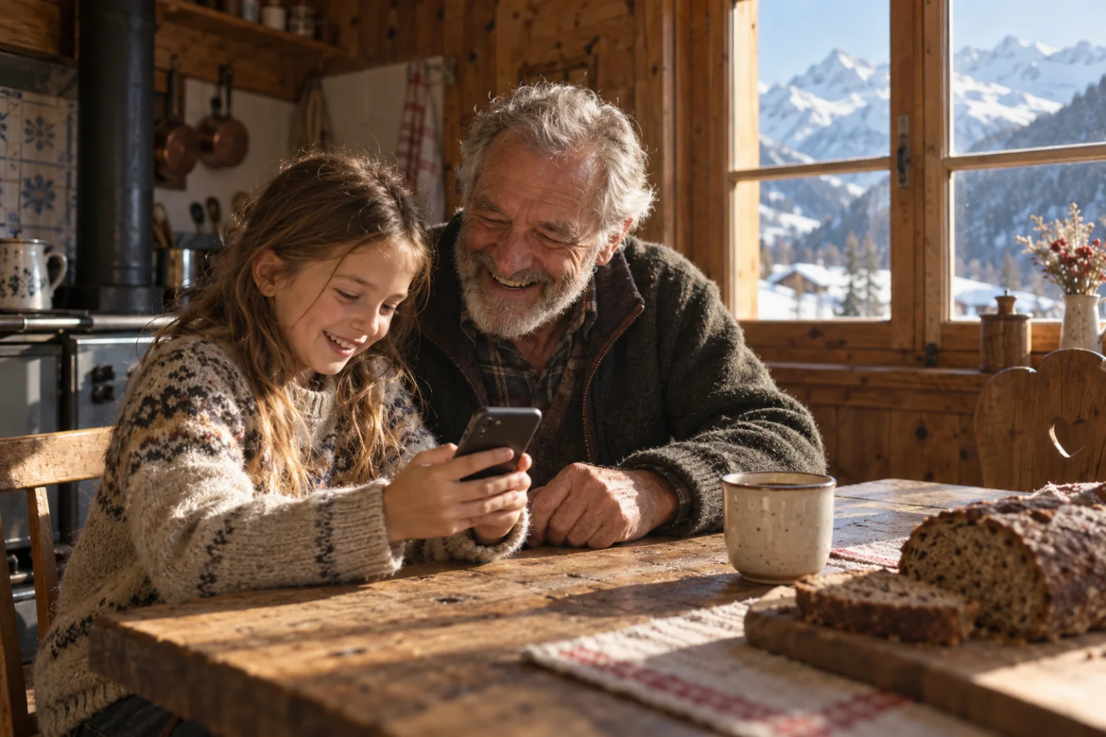 Un grand-père et sa petite-fille regardent un téléphone dans une cuisine de chalet