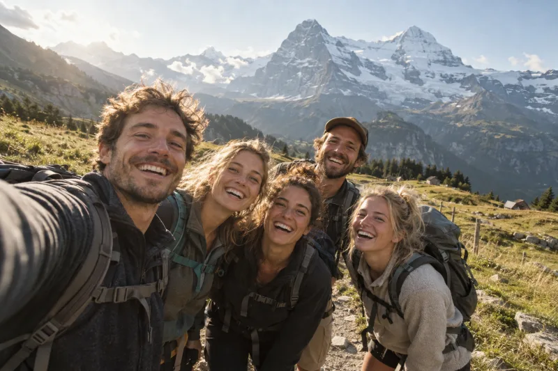Un groupe d'amis en randonnée dans les Alpes bernoises prend une photo de groupe