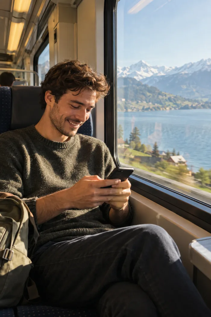 Un jeune homme sourit à son téléphone dans un train, le lac derrière la vitre